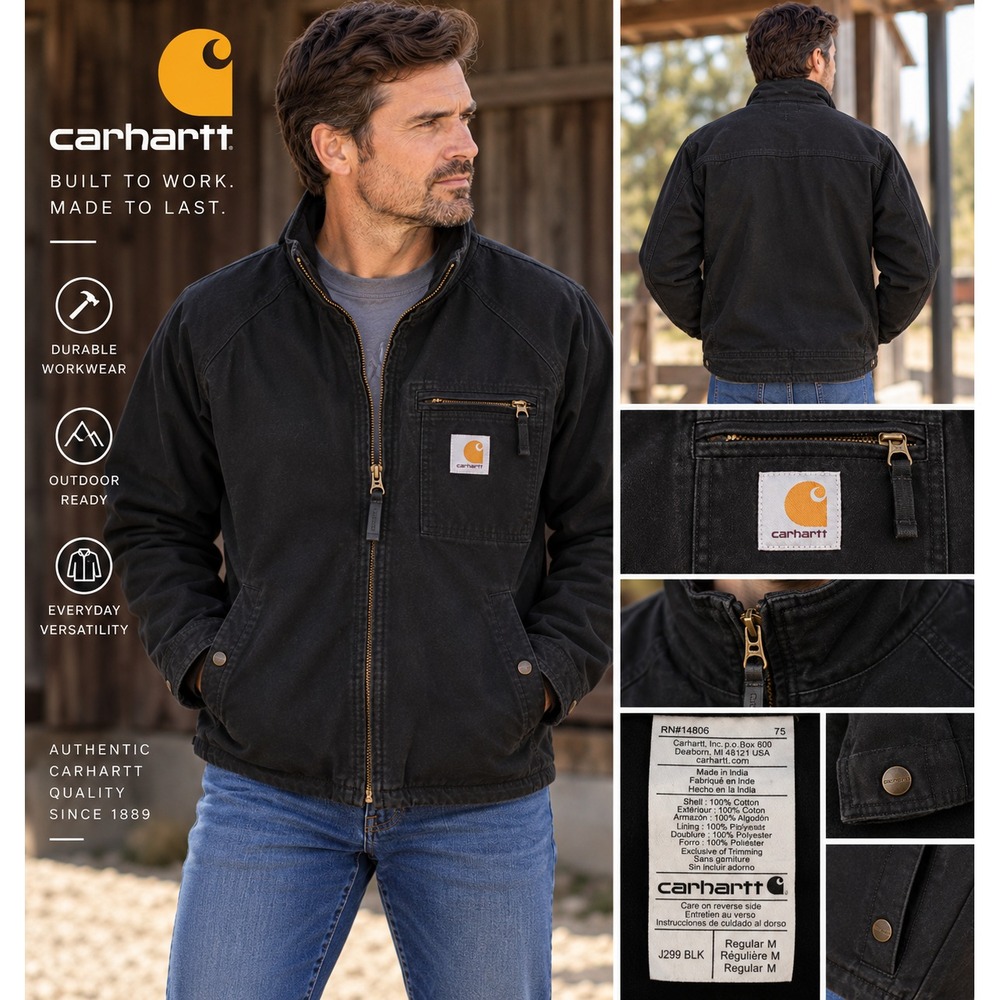 Carhartt J299 BLK Men's Medium Black Canvas Work Jacket Full Zip Lined
